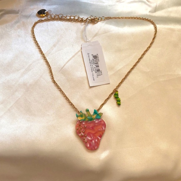Betsey Johnson Gold Tone Enchanted Garden Strawberry Pendant Necklace NWT - Picture 7 of 12